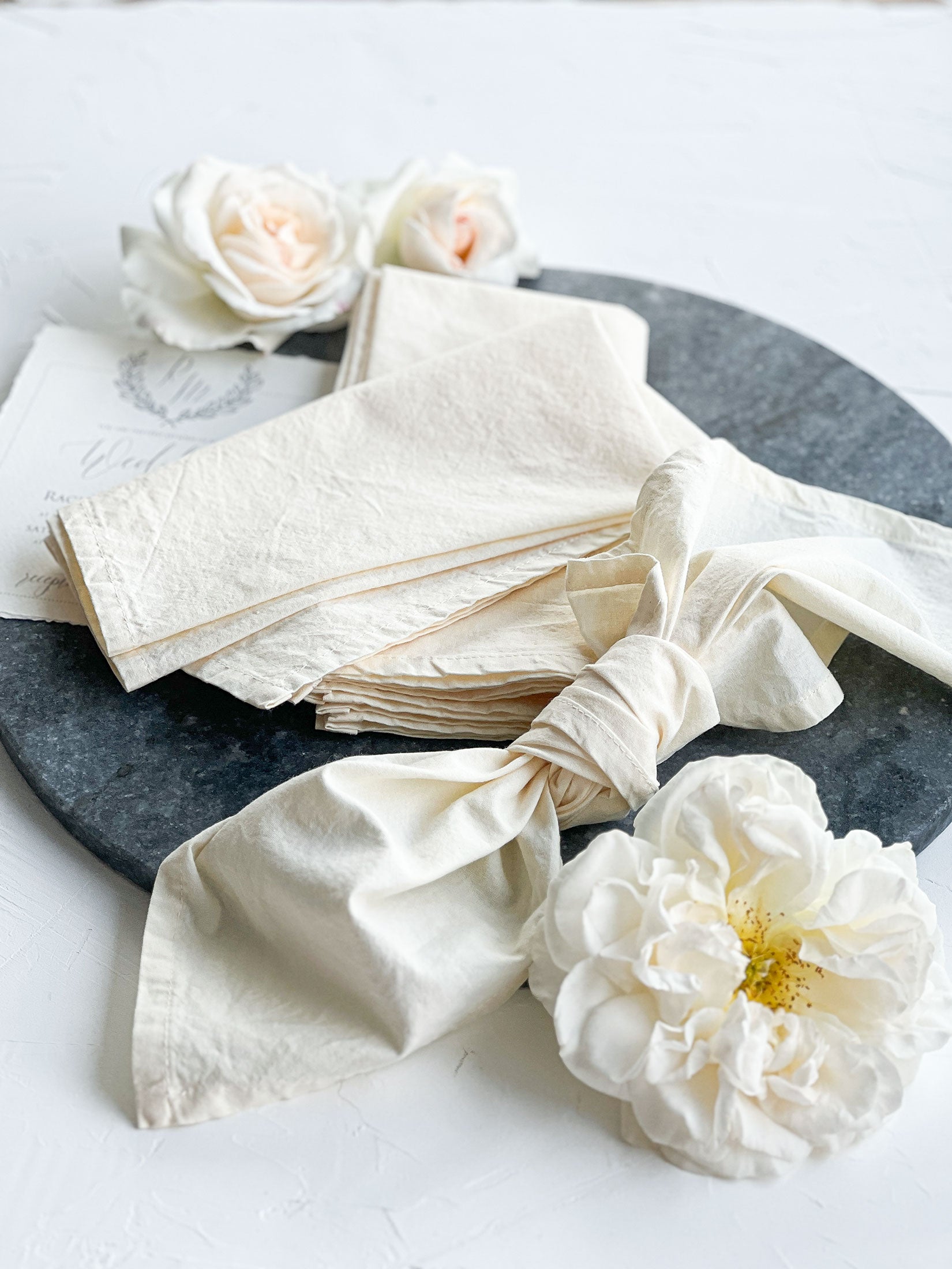 ivory handmade cotton napkins on wedding white table