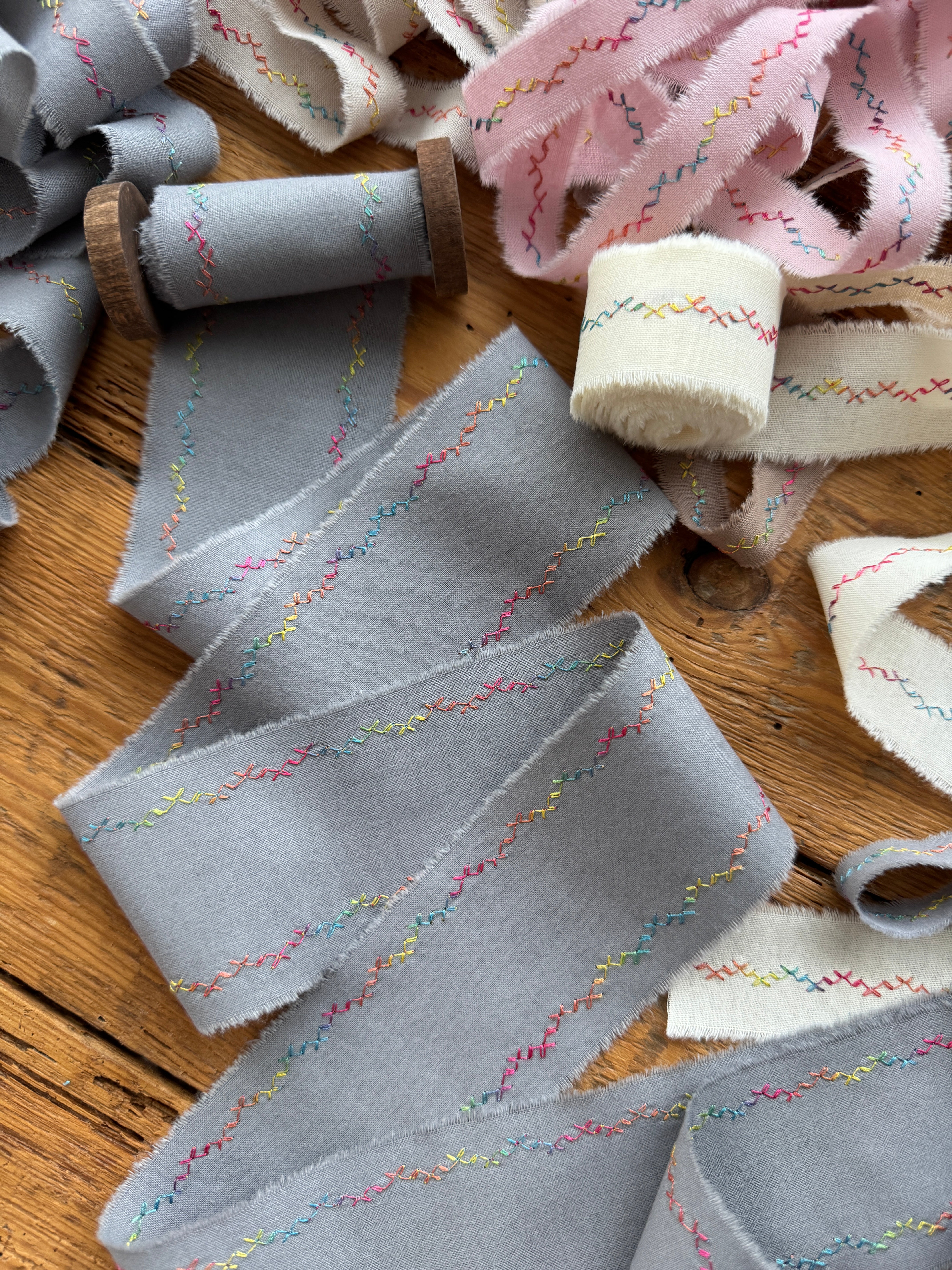 Custom Embroidered Cotton Ribbon | Double-Sided Pattern Frayed Edge hand-dyed Ribbon
